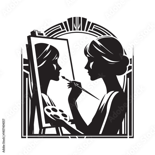 Silhouette of a woman artist painting her selfportrait in a stylized setting