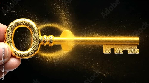 Hand holding golden key, dark background; success concept