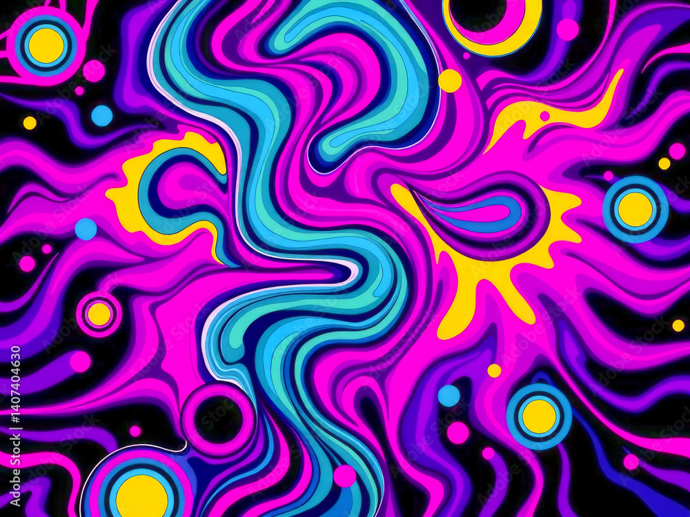 A colorful abstract painting with a purple line and yellow circles. The painting has a psychedelic and energetic vibe