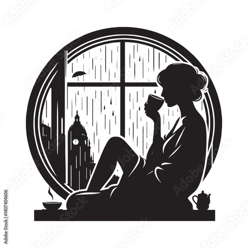Silhouette of a woman enjoying a hot beverage on a rainy day by the window
