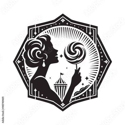 Silhouette of a woman enjoying a lollipop at a vintage fairground design