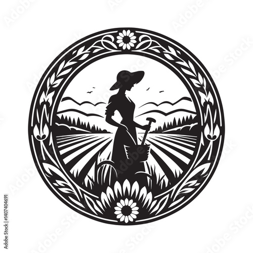 Silhouette of a woman farmer tending to her crops in a rural farmland