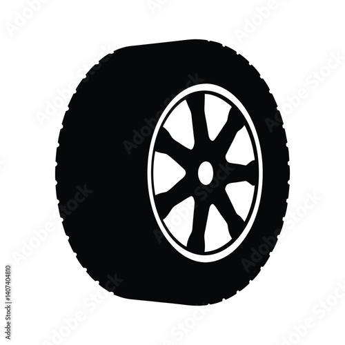 Black and White Car Wheel and Tire Icon, Automotive Vector Illustration