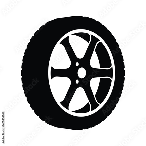 Black and White Car Wheel and Tire Icon, Automotive Vector Illustration