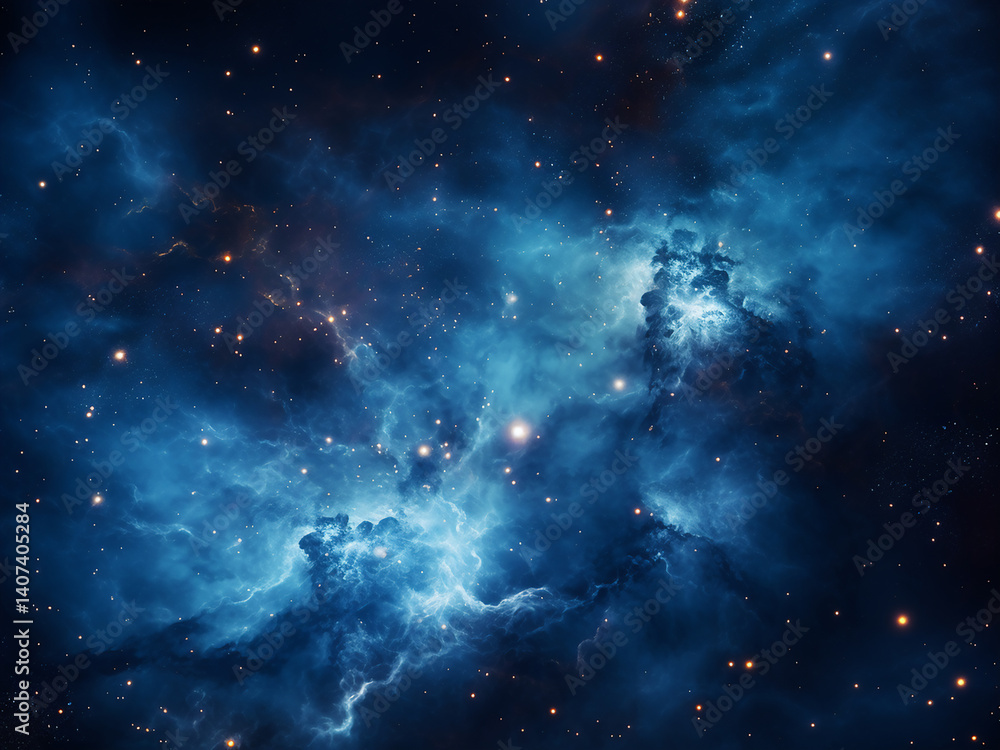 Naklejka premium Star cluster glowing with young stars burning and blue gas clouds surrounding the stellar nursery