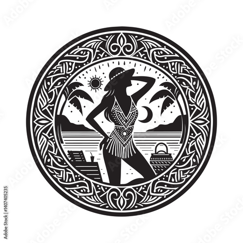 Silhouette of a Woman in Swimsuit on a Beach with Tropical Elements Frame