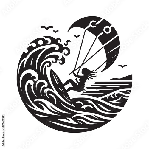 Silhouette of a woman kitesurfing amidst stylized ocean waves illustration