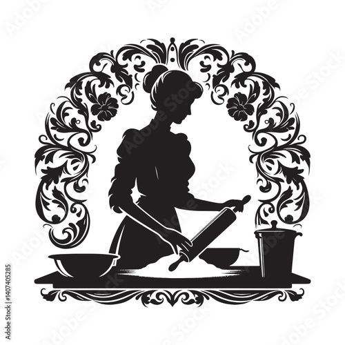 Silhouette of a woman kneading dough framed by Victorian decorative elements