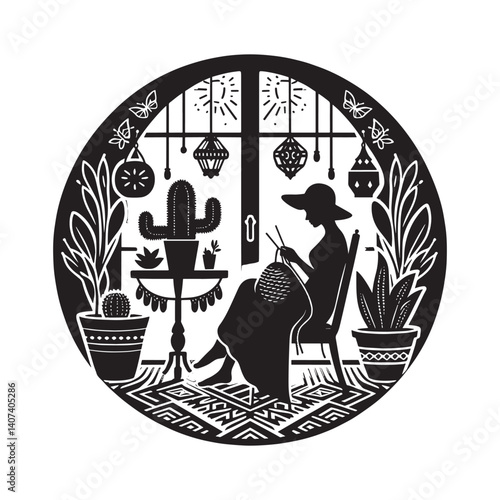 Silhouette of a woman knitting in her cozy corner with plants and hanging decorations