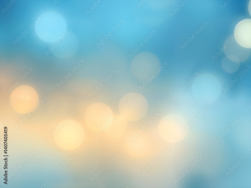 Bokeh blue and gold abstract background with soft blurred lights, festive and dreamy. Generative AI