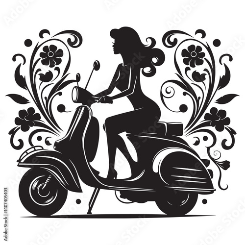 Silhouette of a woman on a vintage scooter amidst floral flourish design