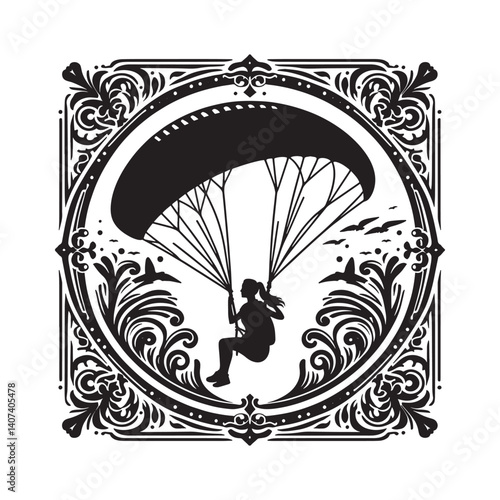 Silhouette of a woman paragliding in an artistic Victorian frame design