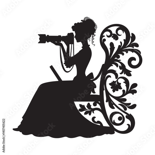 Silhouette of a woman photographer in a vintage dress with floral ornate chair