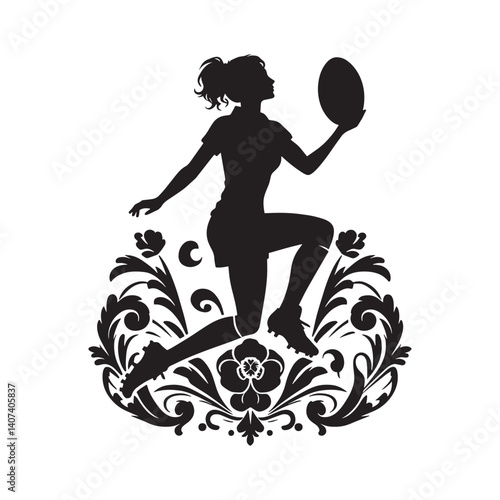 Silhouette of a woman playing rugby on a victorian flourish design element