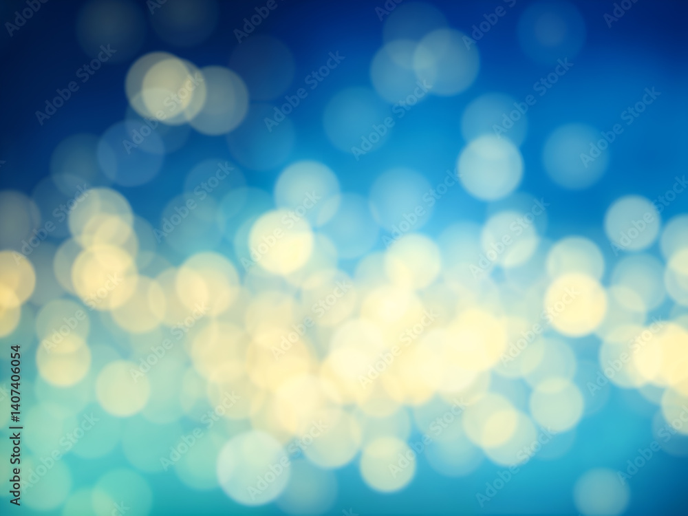 Bokeh blue and gold abstract background with soft blurred lights, festive and dreamy. Generative AI