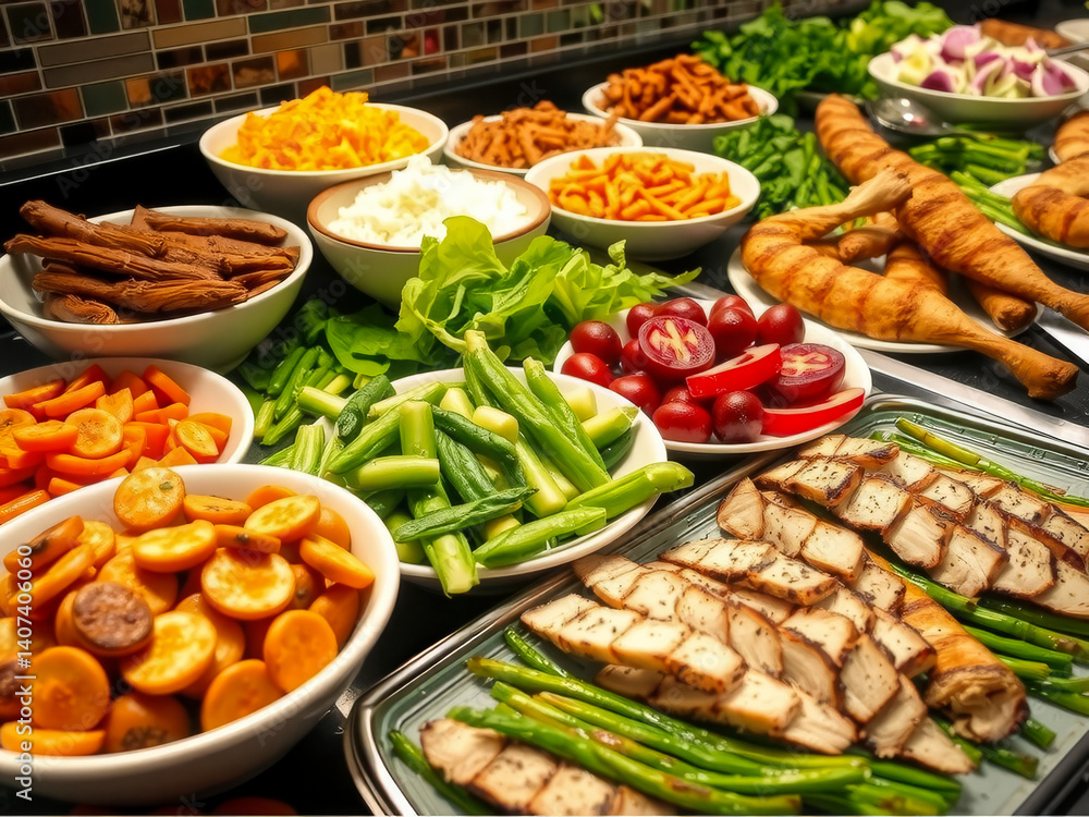 A table full of food with a variety of vegetables and meats. The table is set for a party or gathering