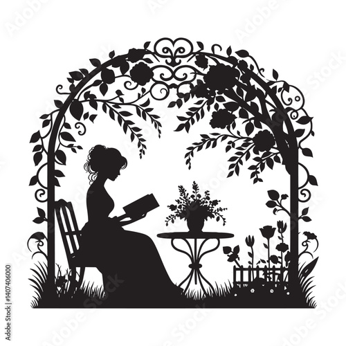 Silhouette of a woman reading in a garden under a floral trellis design