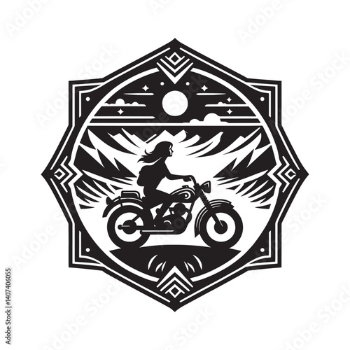Silhouette of a woman riding a motorcycle through scenic mountain landscape