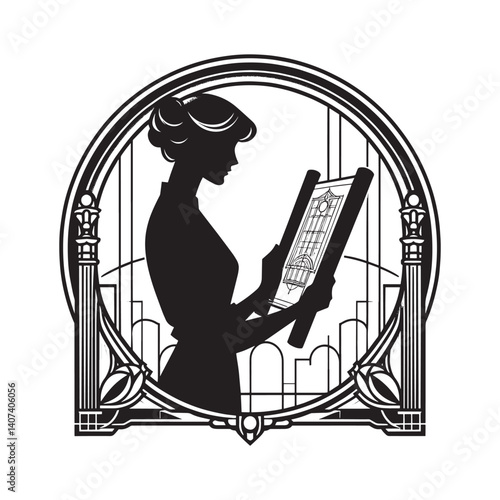 Silhouette of a woman reviewing architectural design blueprints in monochrome