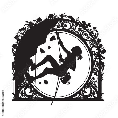 Silhouette of a woman rock climbing inside a victorian flourish ornate frame