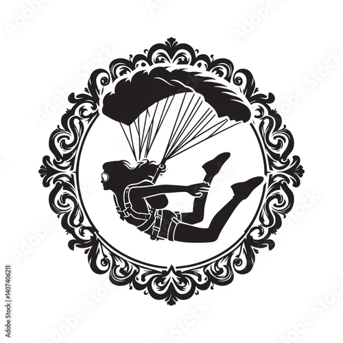 Silhouette of a woman skydiving inside an ornate vintage style flourish frame