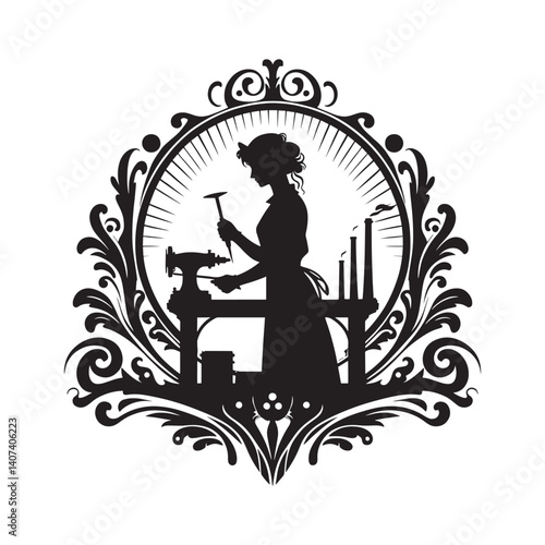 Silhouette of a woman steelworker inside an ornate Victorian flourish design