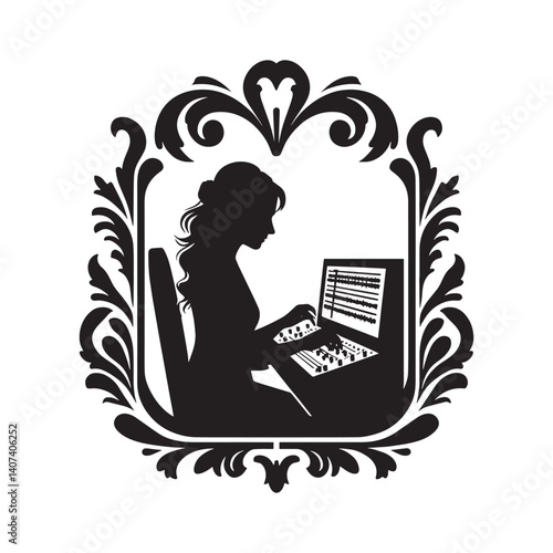 Silhouette of a Woman Sound Designer Framed by Victorian Flourishes