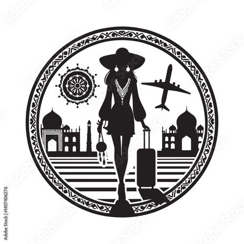 Silhouette of a woman traveling the world with a suitcase in hand