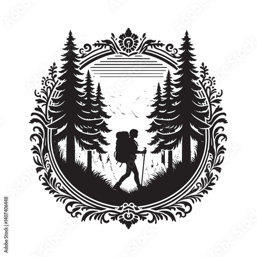 Silhouette of a woman with backpack in a wilderness scene flourish frame
