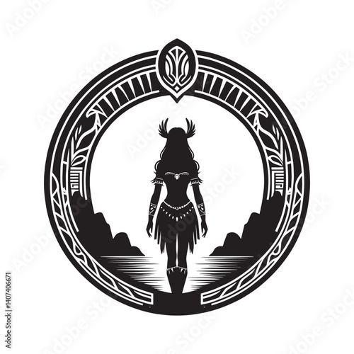 Silhouette of Amazonian warrior standing on a lakeside at sunset