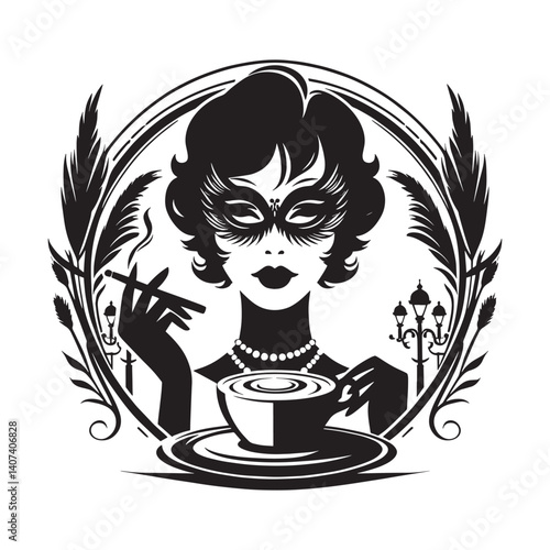 Silhouette of elegance enjoying espresso at a vintage café atmosphere