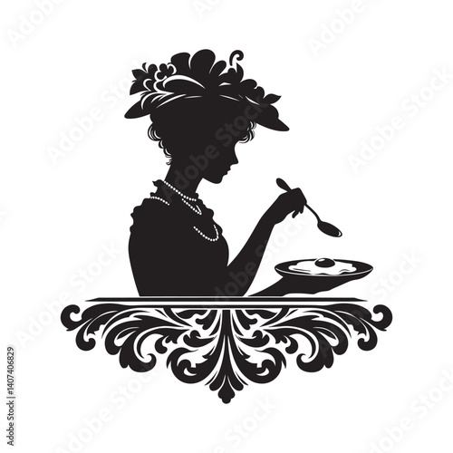 Silhouette of elegant woman delicately eating omelet amid flourishes