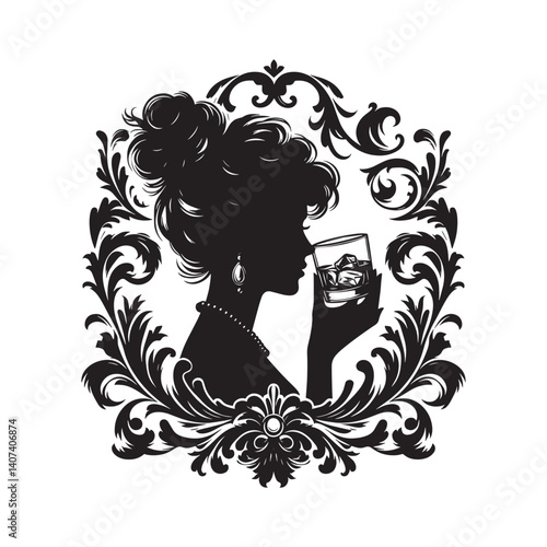 Silhouette of elegant woman sipping drink, framed by Victorian flourish pattern