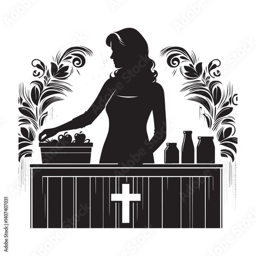 Silhouette of female volunteer sorting food at donation center in monochrome