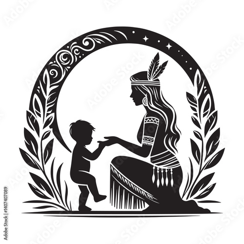 Silhouette of Mother and Child in Ornamental Arch with Tribal Bohemian Style