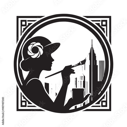 Silhouette of woman artist painting city mural in retro art deco style