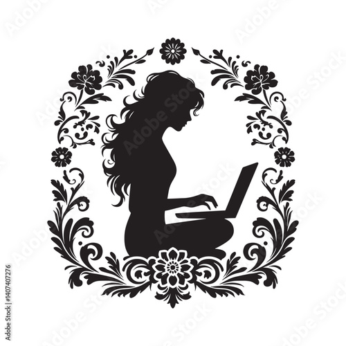 Silhouette of woman coding on laptop with floral ornamentation design