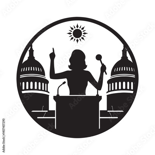 Silhouette of woman advocating for legislative change in parliament