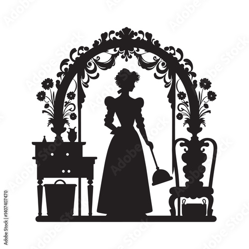 Silhouette of Woman Housekeeper with Victorian Style Furniture Interior