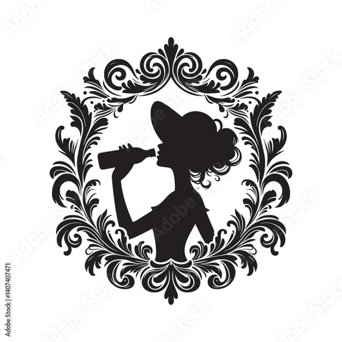Silhouette of Woman Hydrating in Ornate Vintage Frame Design Element