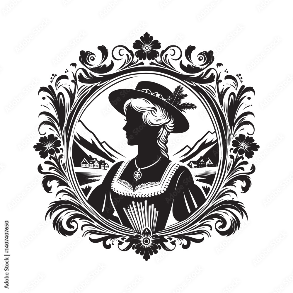 Fototapeta premium Silhouette of woman in traditional attire framed by ornate decorative elements