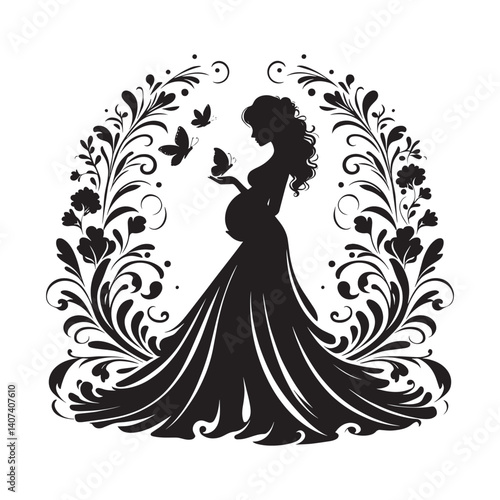 Silhouette of woman in maternity photoshoot dress with floral decoration