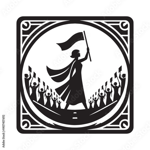 Silhouette of woman leading social justice march with supporters and flag icon