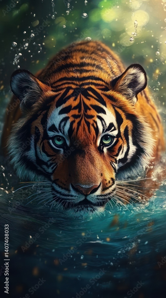 Fototapeta premium A majestic tiger gracefully emerging from the water.