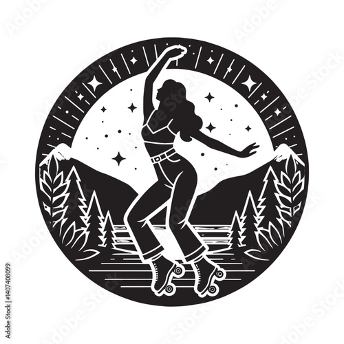 Silhouette woman roller skating against a mountain landscape in night sky