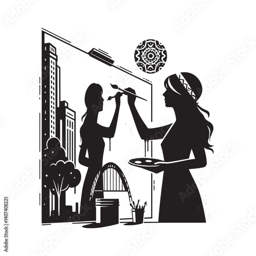 Silhouetted women creating mural in urban setting showcasing artistic endeavor