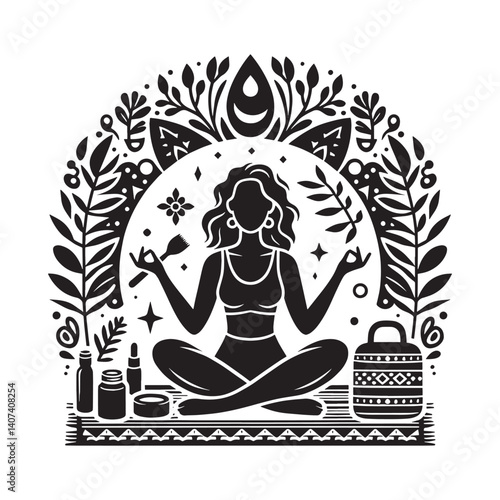 Silhouetted woman in yoga pose encircled by botanical design elements