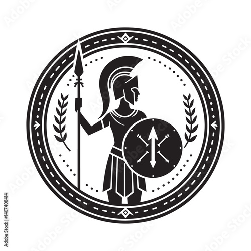 Spartan woman warrior silhouette emblem design with spear and shield isolated