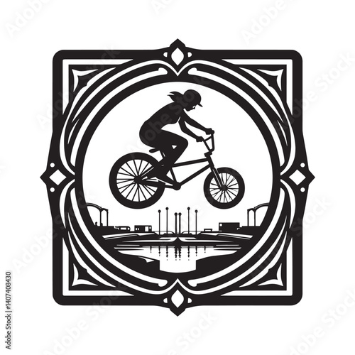 Stylish monochrome illustration of a bmx rider performing stunts in urban setting