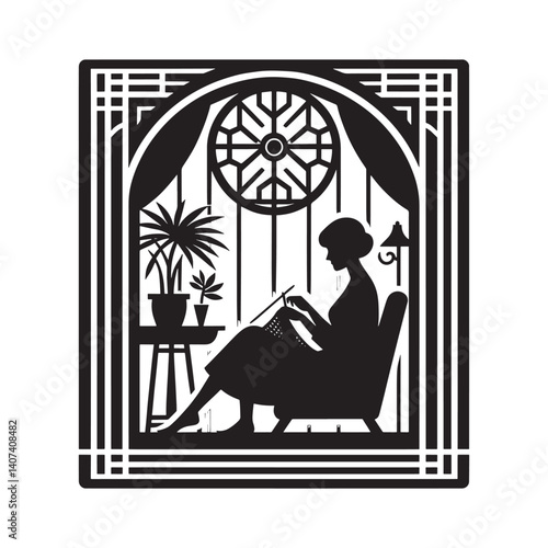 Stylish silhouette of a woman knitting in an art deco inspired setting